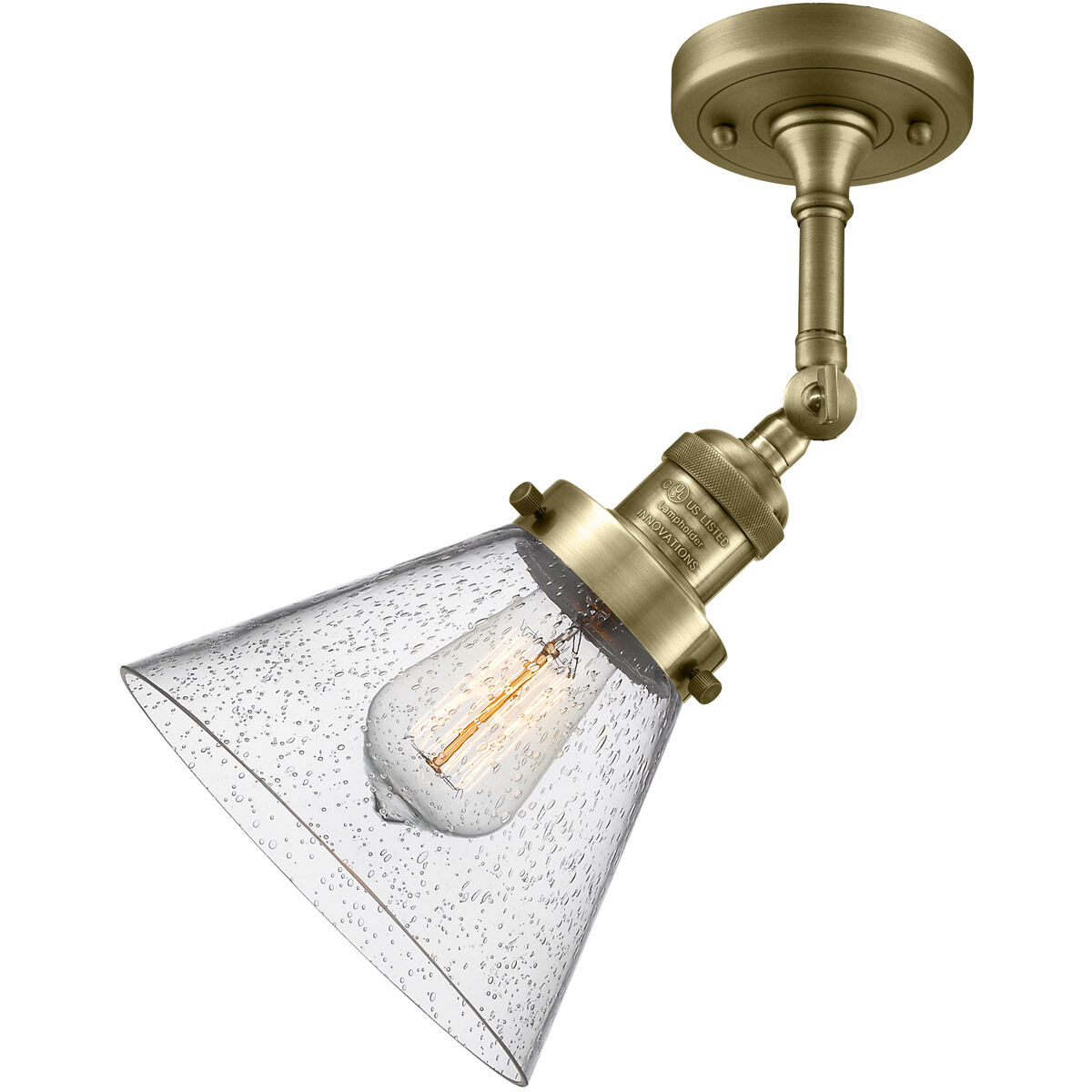 Franklin Restoration Large Cone LED 8 inch Antique Brass Sconce Wall Light in Seedy Glass, Franklin Restoration