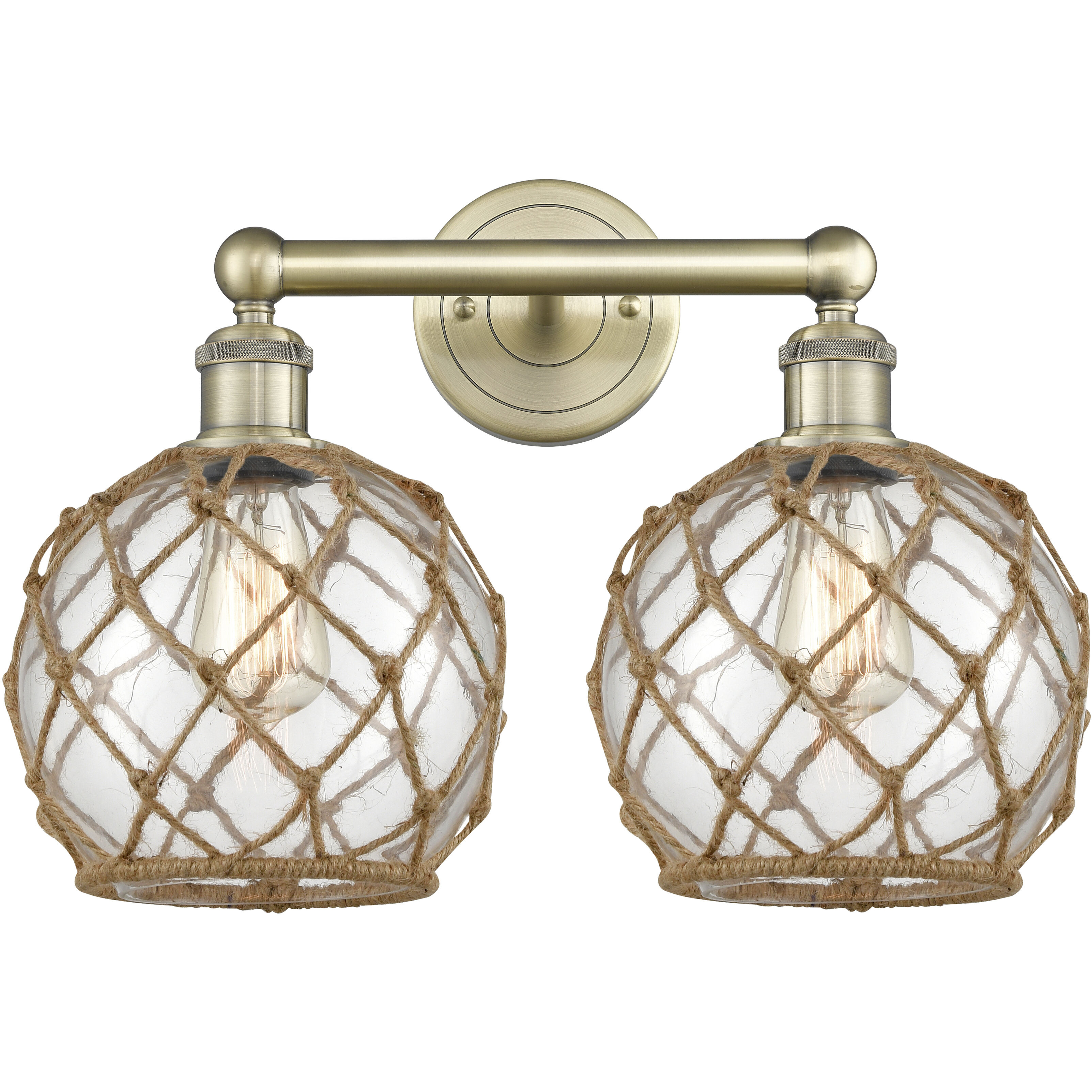 Edison Farmhouse Rope 2 Light 17 inch Antique Brass Bath Vanity Light Wall Light in Clear Glass with Brown Rope