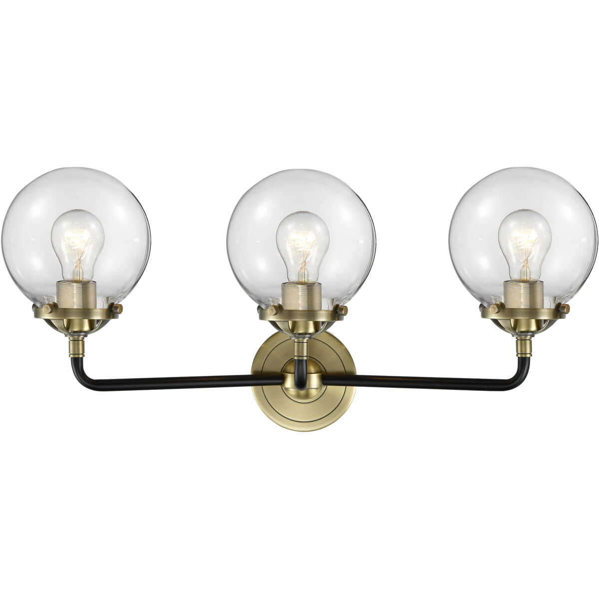 Nouveau Beacon 3 Light 24 inch Black Antique Brass Bath Vanity Light Wall Light in Clear Glass, Nouveau