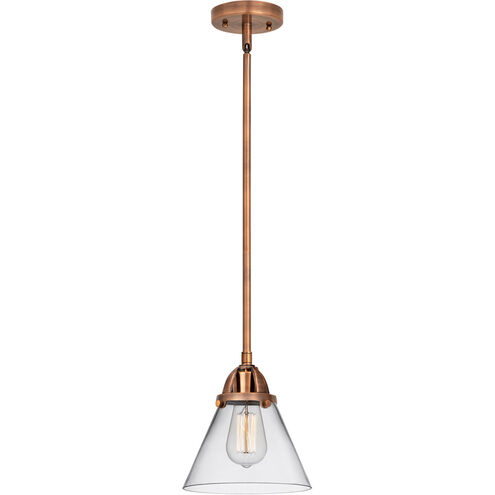 Nouveau 2 Large Cone LED 8 inch Antique Copper Mini Pendant Ceiling Light in Clear Glass