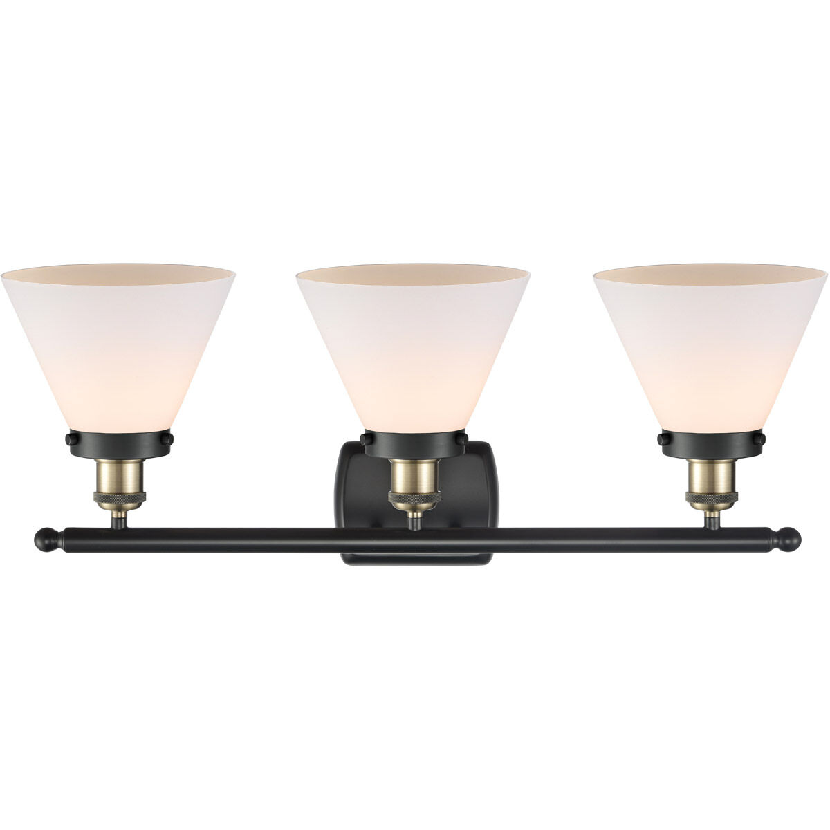 Ballston Large Cone 3 Light 26 inch Black Antique Brass Bath Vanity Light Wall Light in Matte White Glass
