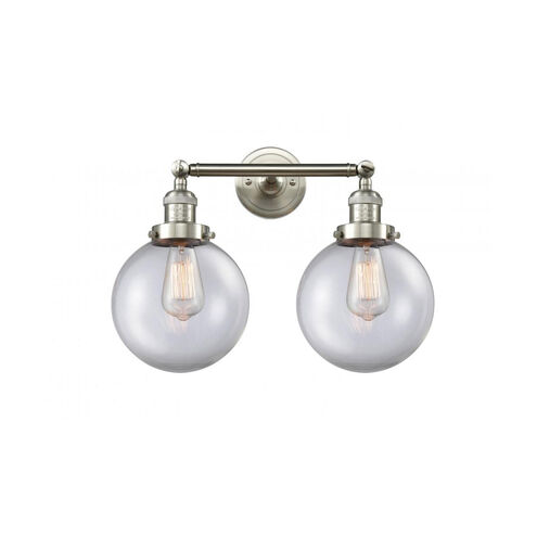 Franklin Restoration Large Beacon 2 Light 19 inch Brushed Satin Nickel Bath Vanity Light Wall Light in Clear Glass, Franklin Restoration