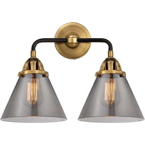 Nouveau 2 Large Cone 2 Light 16 inch Black Antique Brass and Matte Black Bath Vanity Light Wall Light in Plated Smoke Glass