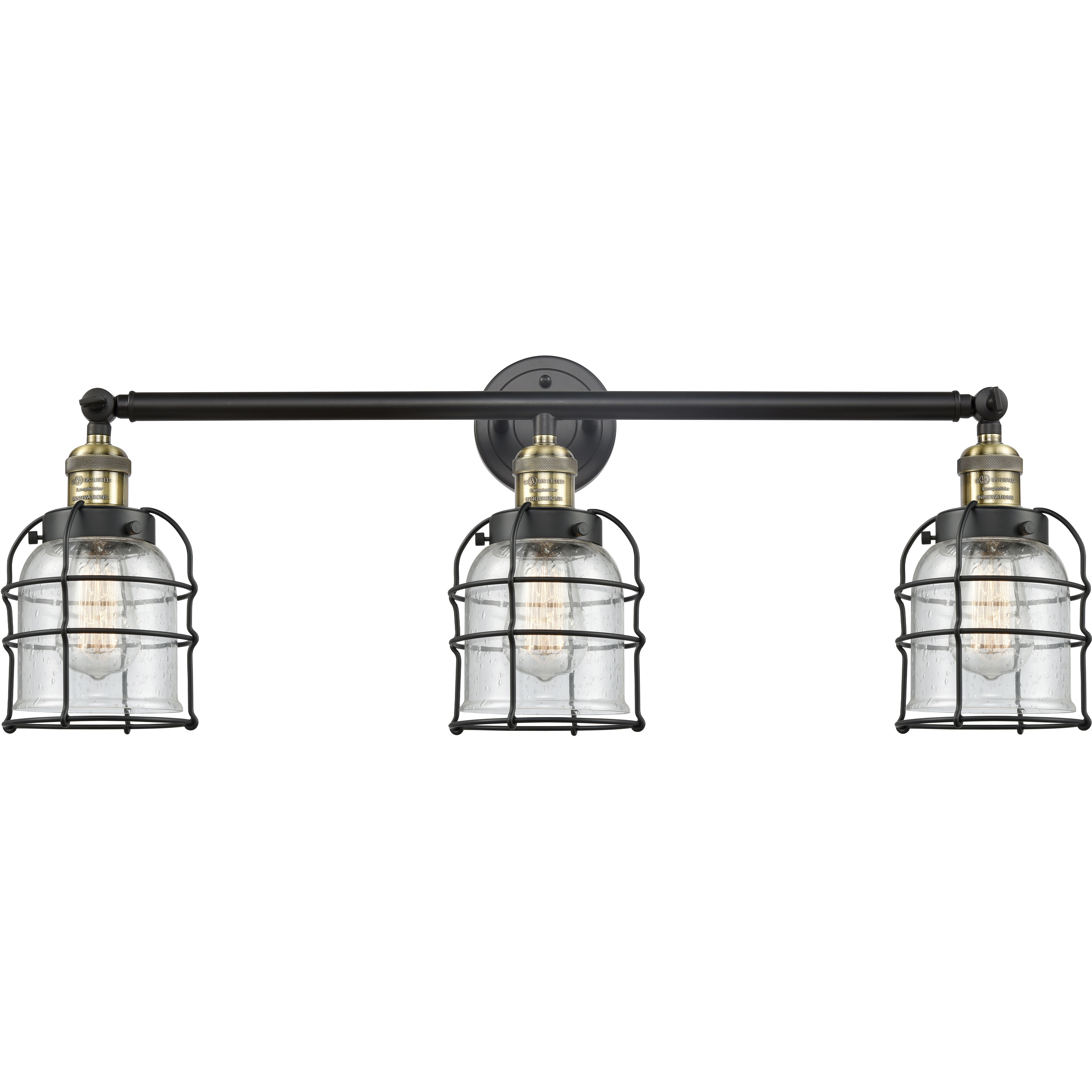 Franklin Restoration Small Bell Cage LED 31 inch Black Antique Brass Bath Vanity Light Wall Light in Seedy Glass, Franklin Restoration