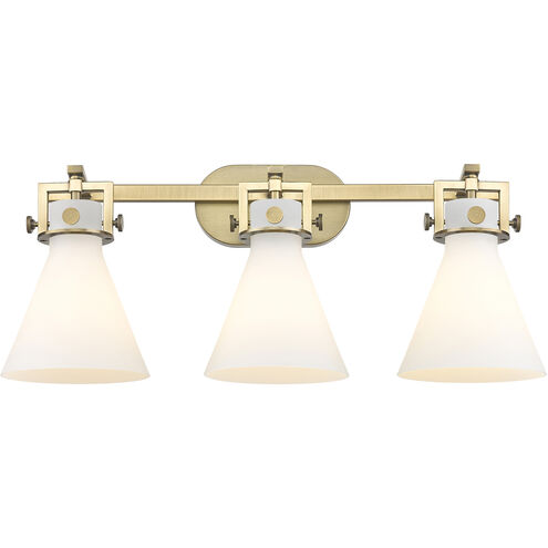 Newton Cone 3 Light 27 inch Brushed Brass Bath Vanity Light Wall Light in Matte White Glass