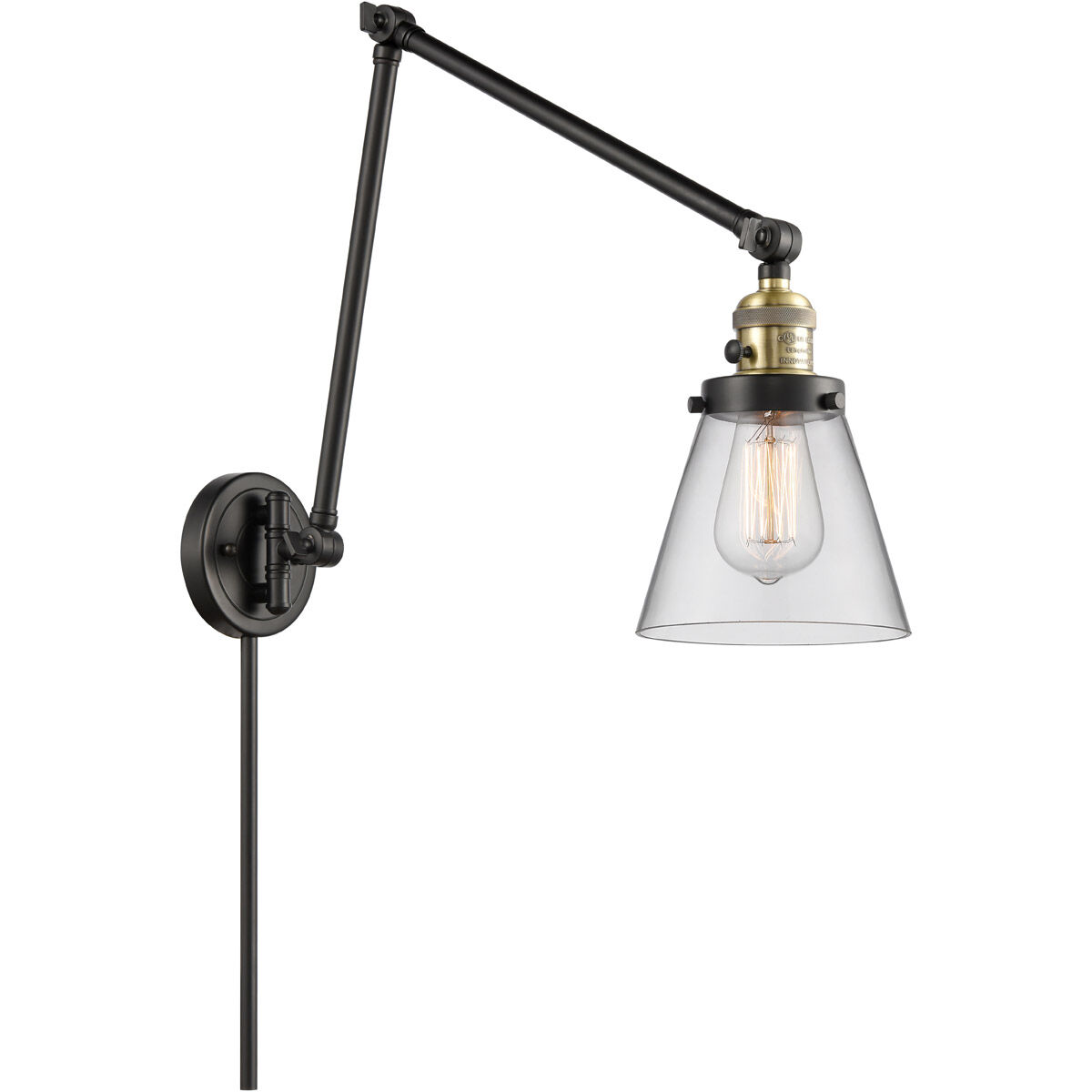 Small Cone 30 inch 3.50 watt Black Antique Brass Swing Arm Wall Light, Franklin Restoration