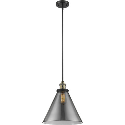 Franklin Restoration Cone LED 12 inch Black Antique Brass Mini Pendant Ceiling Light in Plated Smoke, Franklin Restoration