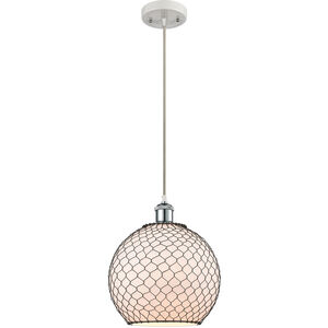 Ballston Large Farmhouse Chicken Wire 1 Light 10 inch White and Polished Chrome Mini Pendant Ceiling Light in Incandescent, White Glass with Black Wire, Ballston