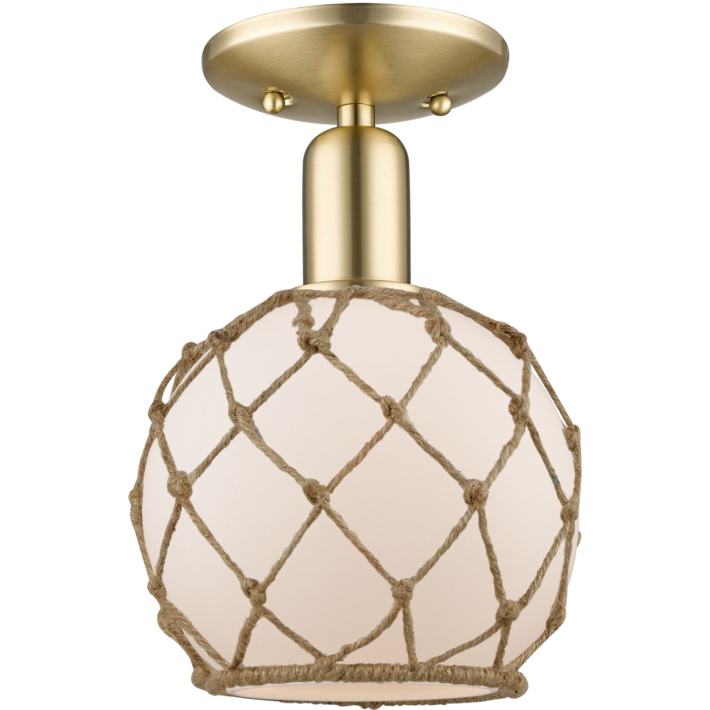 Arcadia Farmhouse Rope 1 Light 8 inch Champagne Bronze Semi-Flush Mount Ceiling Light in White Glass with White Rope