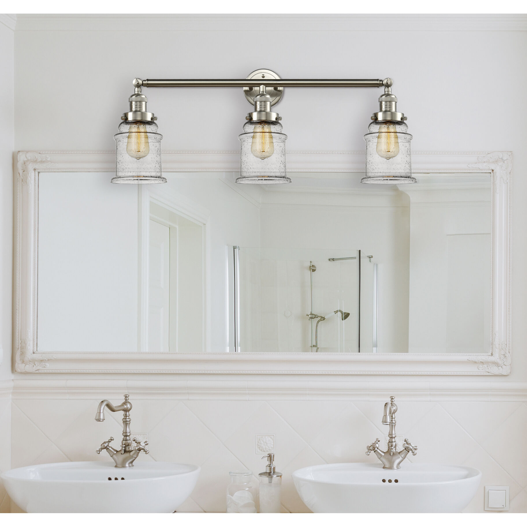 Franklin Restoration Canton 3 Light 30 inch Brushed Satin Nickel Bath Vanity Light Wall Light in Seedy Glass, Franklin Restoration