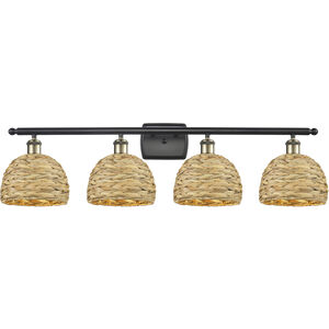 Woven Rattan 4 Light 38 inch Black Antique Brass Bath Vanity Light Wall Light