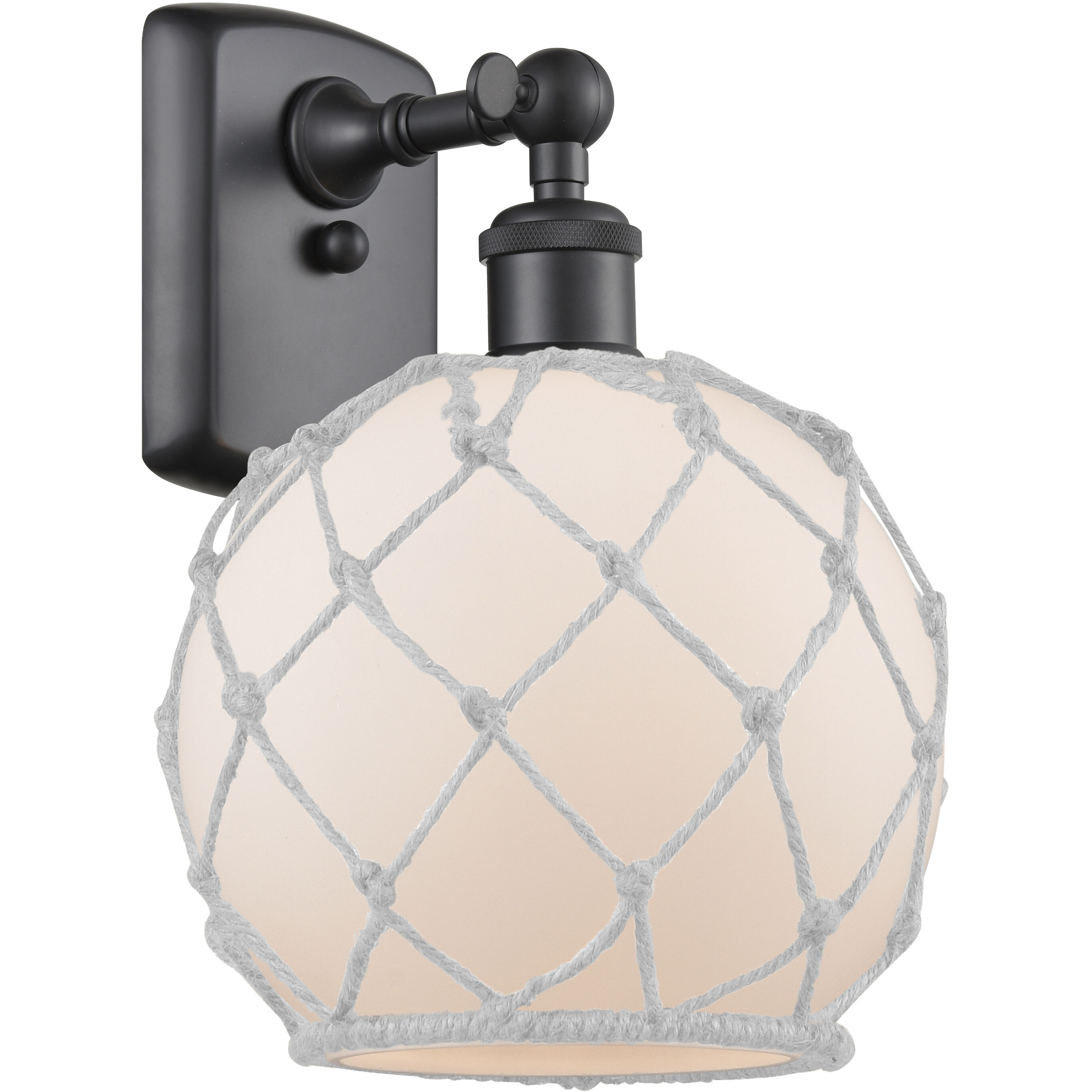 Ballston Farmhouse Rope Armed Sconce Wall Light in Matte Black, Bulb Not Included, White Glass with White Rope, Ballston