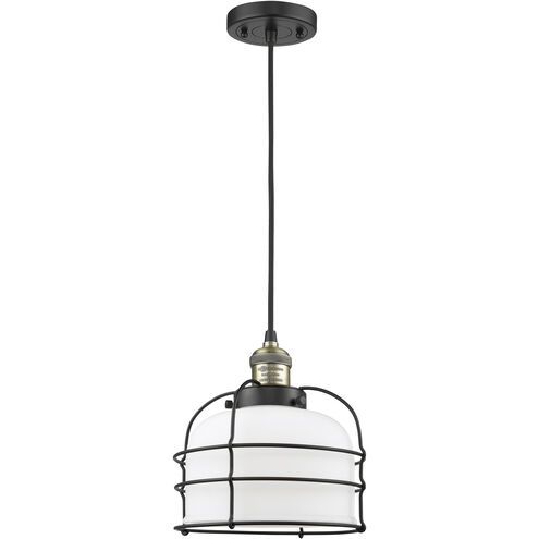 Franklin Restoration Large Bell Cage 1 Light 9 inch Black Antique Brass Mini Pendant Ceiling Light in Matte White Glass, Franklin Restoration