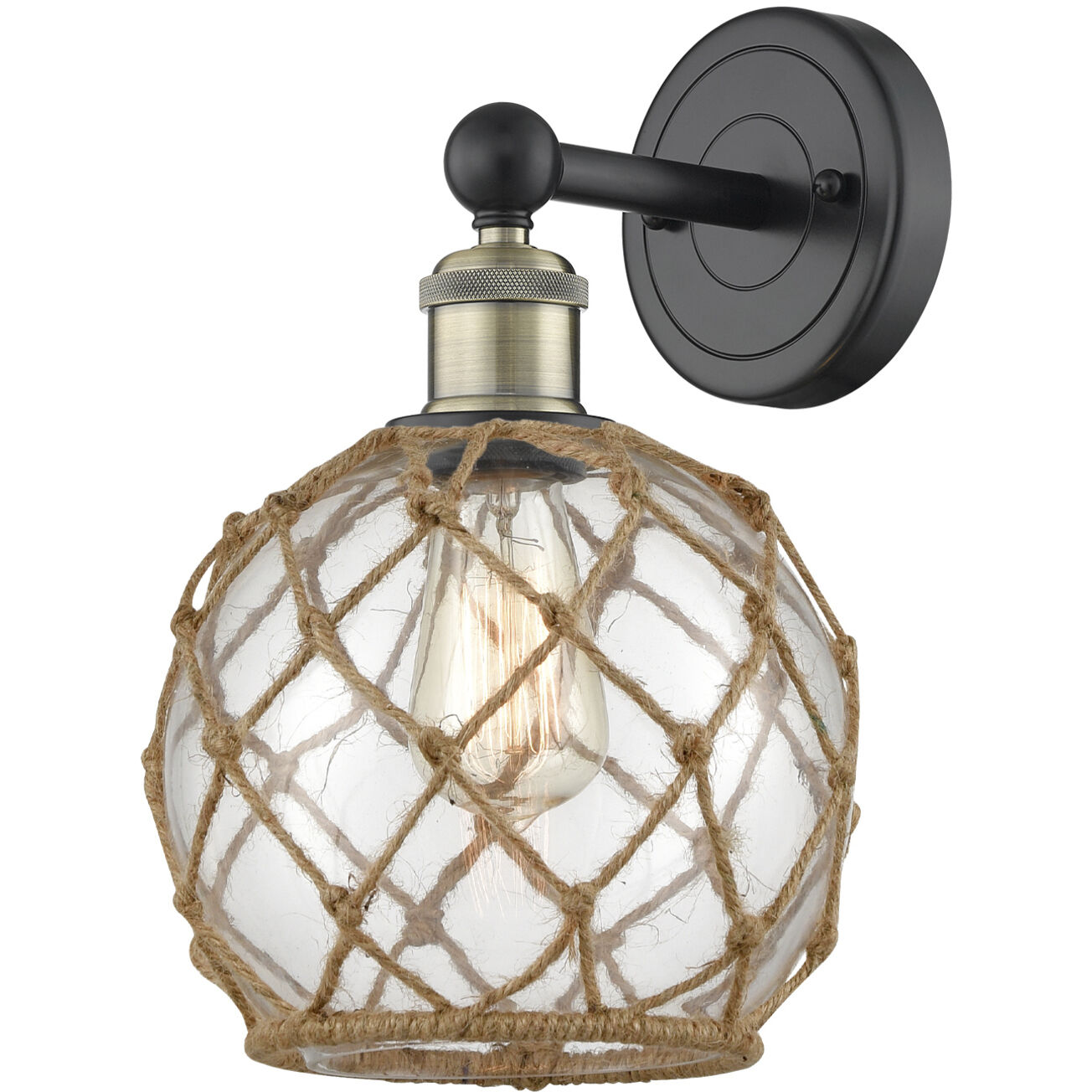 Edison Farmhouse Rope Armed Sconce Wall Light in Black Antique Brass, Clear Glass with Brown Rope