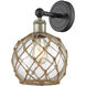 Edison Farmhouse Rope Armed Sconce Wall Light in Black Antique Brass, Clear Glass with Brown Rope
