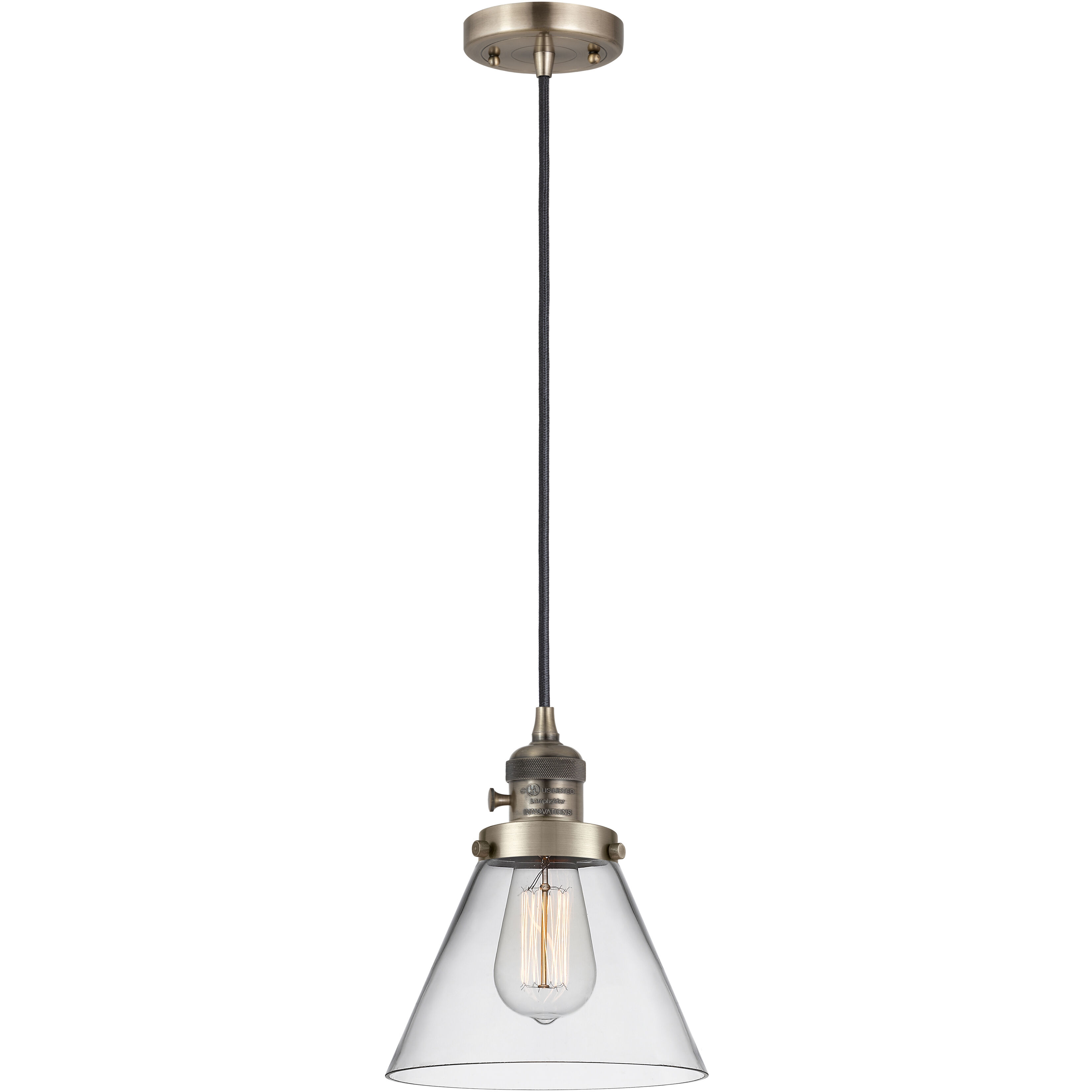 Franklin Restoration Cone 1 Light 8 inch Antique Brass Mini Pendant Ceiling Light in Incandescent, Clear