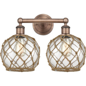 Edison Farmhouse Rope 2 Light 17 inch Antique Copper Bath Vanity Light Wall Light in Clear Glass with Brown Rope