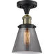 Franklin Restoration Small Cone LED 7 inch Black Antique Brass Semi-Flush Mount Ceiling Light in Plated Smoke Glass, Franklin Restoration