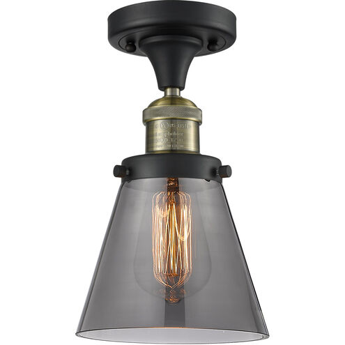 Franklin Restoration Small Cone LED 7 inch Black Antique Brass Semi-Flush Mount Ceiling Light in Plated Smoke Glass, Franklin Restoration