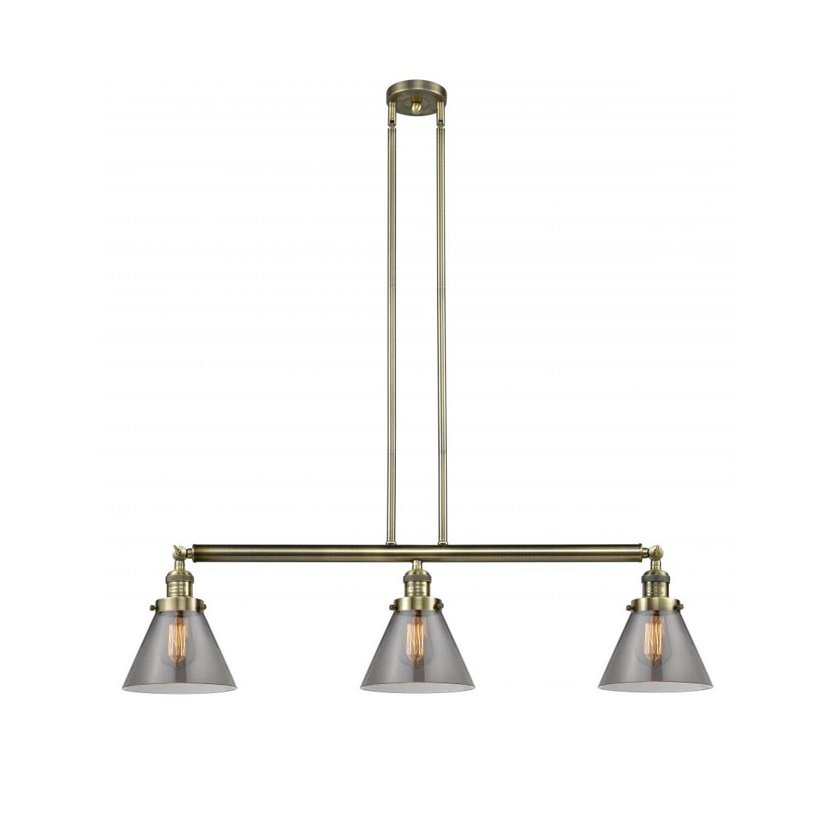 Franklin Restoration Large Cone 3 Light 40 inch Antique Brass Island Light Ceiling Light in Incandescent, Plated Smoke Glass, Franklin Restoration