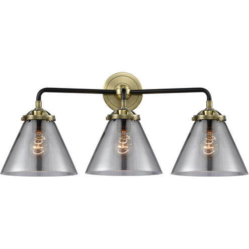 Nouveau Large Cone 3 Light 26 inch Black Antique Brass Bath Vanity Light Wall Light in Plated Smoke Glass, Nouveau