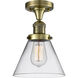 Franklin Restoration Large Cone LED 8 inch Antique Brass Semi-Flush Mount Ceiling Light in Clear Glass, Franklin Restoration