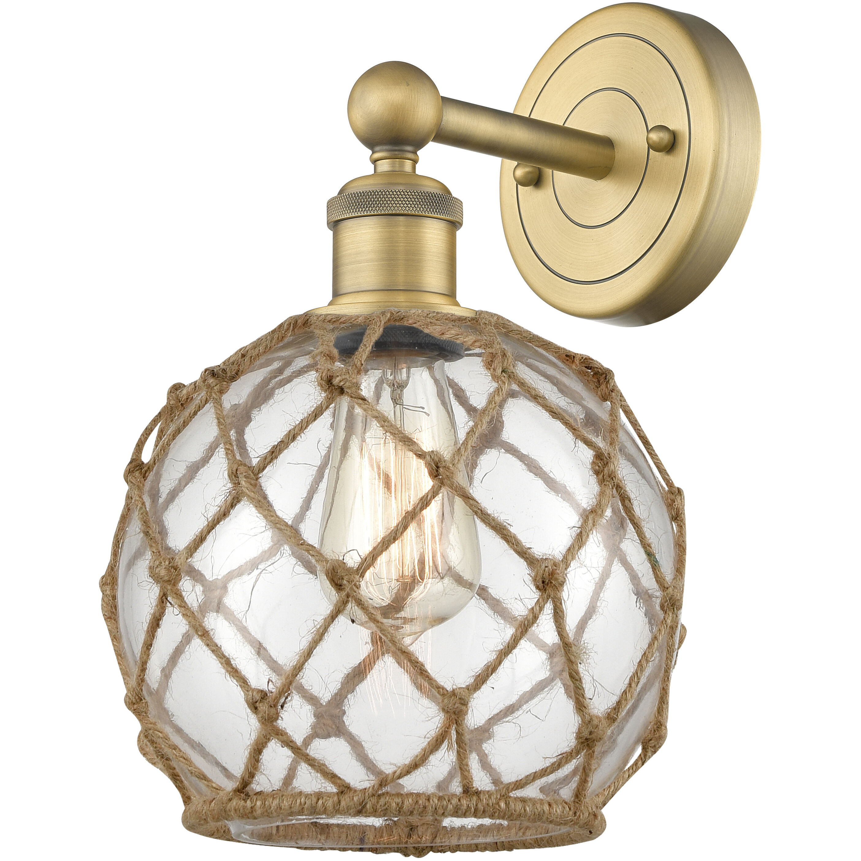 Edison Farmhouse Rope Armed Sconce Wall Light in Brushed Brass, Clear Glass with Brown Rope