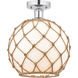 Edison Farmhouse Rope 1 Light 10 inch Polished Chrome Semi-Flush Mount Ceiling Light in White Glass with Brown Rope