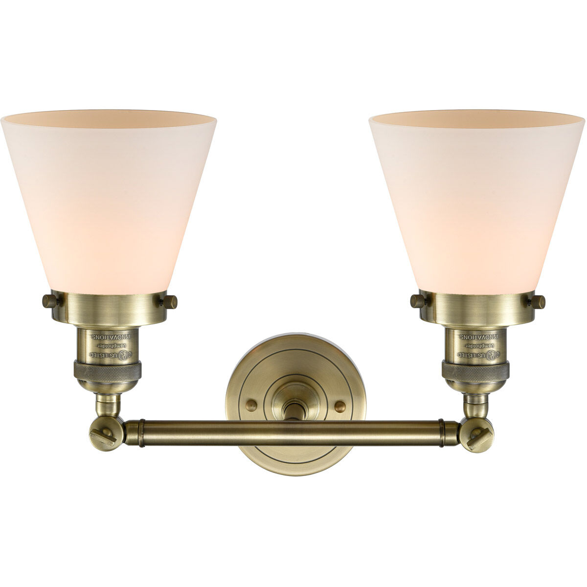 Franklin Restoration Small Cone 2 Light 16 inch Antique Brass Bath Vanity Light Wall Light in Incandescent, Matte White Glass, Franklin Restoration
