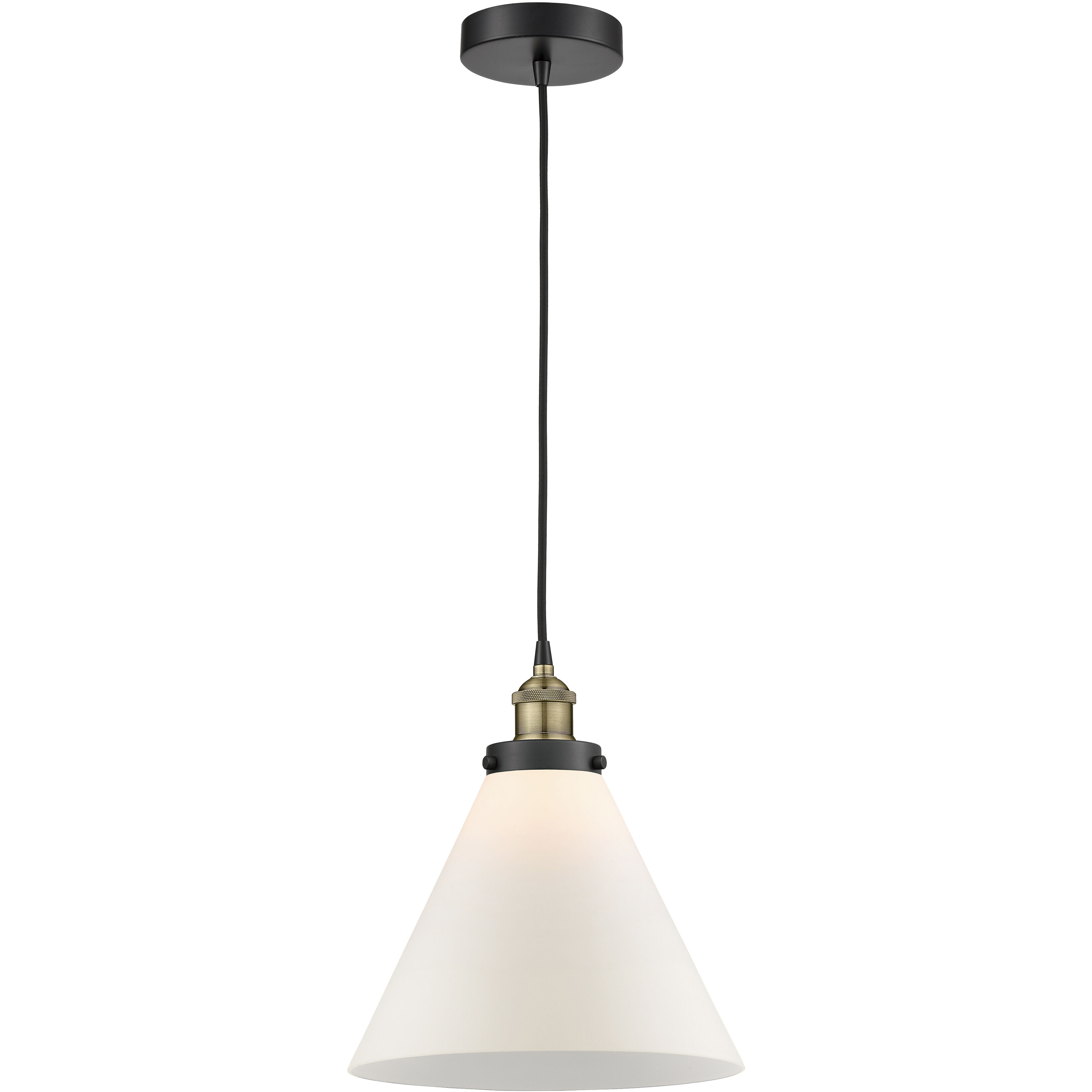 Cone 1 Light 12 inch Black Antique Brass Mini Pendant Ceiling Light in Matte White Glass