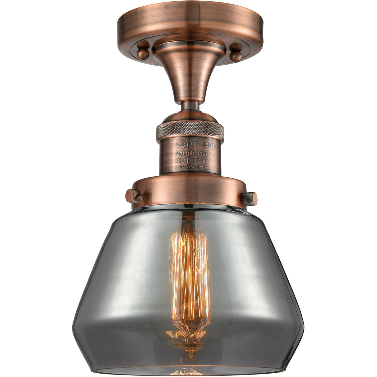 Franklin Restoration Fulton LED 7 inch Antique Copper Semi-Flush Mount Ceiling Light in Plated Smoke Glass, Franklin Restoration