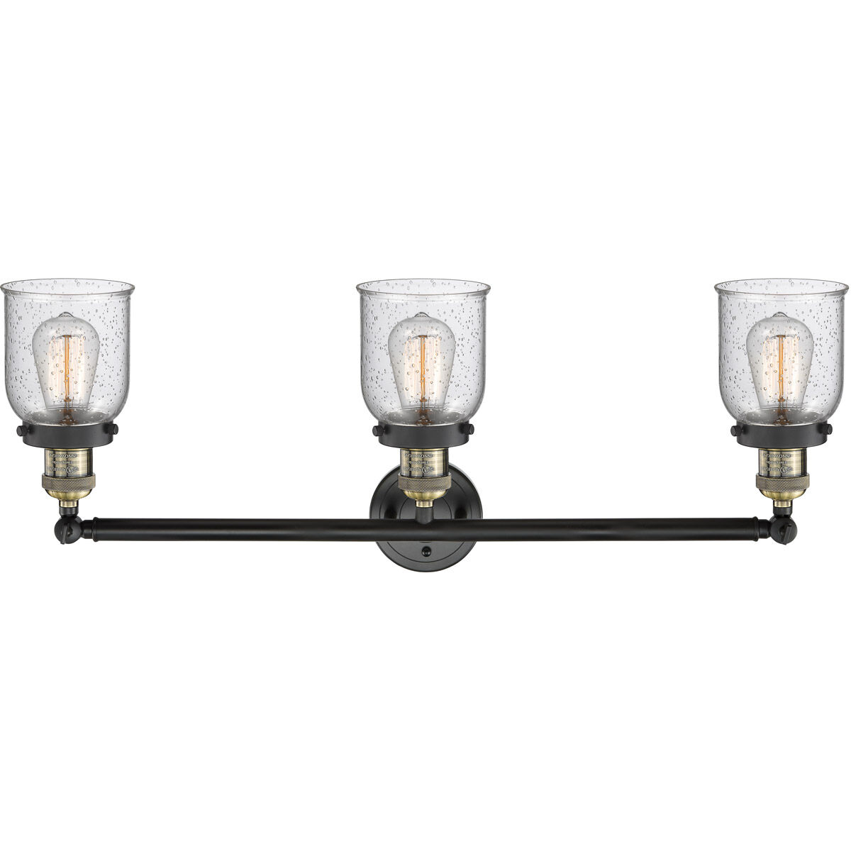 Franklin Restoration Small Bell 3 Light 30 inch Black Antique Brass Bath Vanity Light Wall Light in Seedy Glass, Franklin Restoration