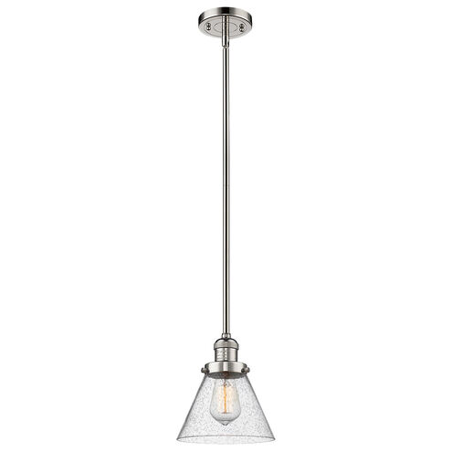 Franklin Restoration Large Cone LED 8 inch Polished Nickel Mini Pendant Ceiling Light in Seedy Glass, Franklin Restoration