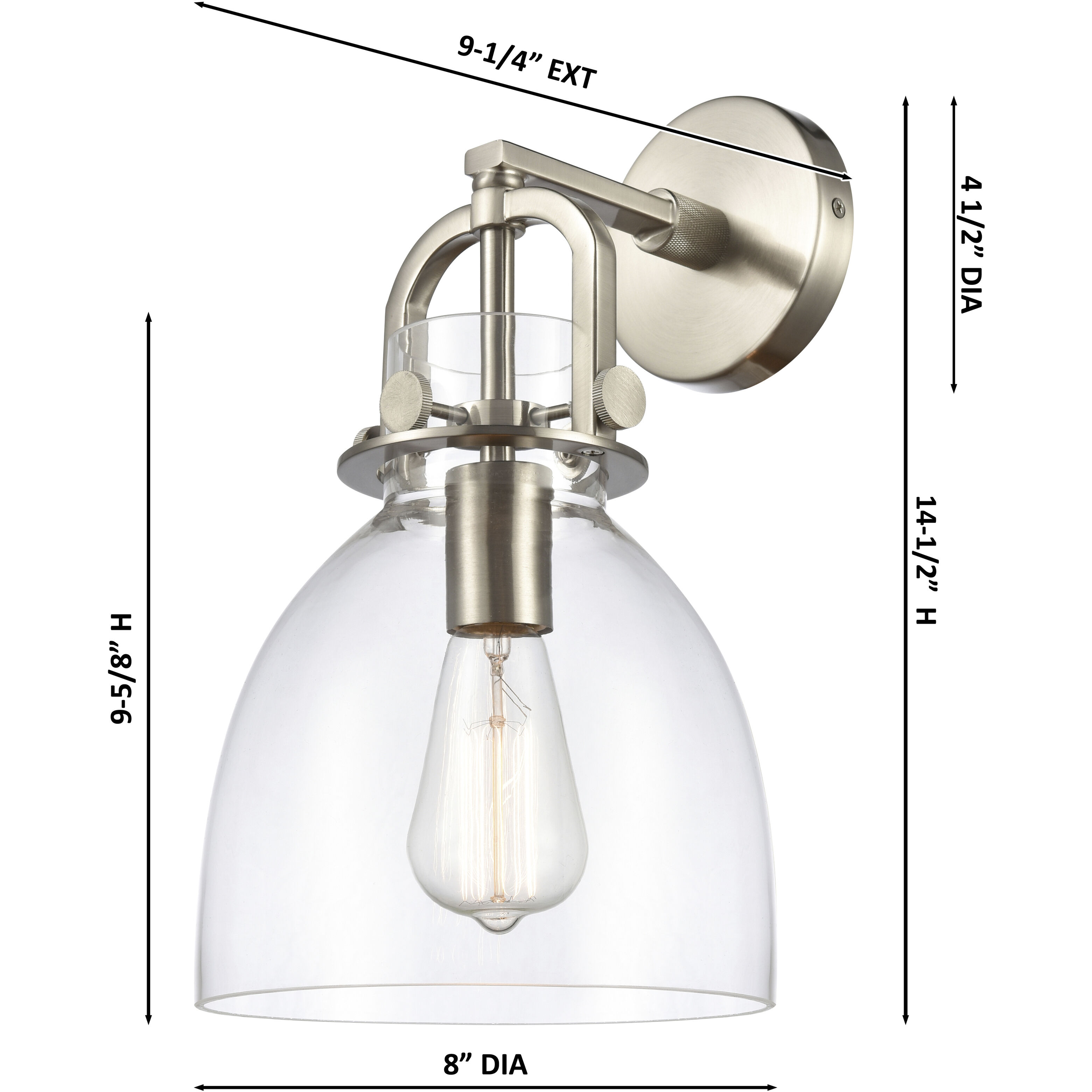 Downtown Urban Newton Bell Armed Sconce Wall Light in Satin Nickel, Seedy