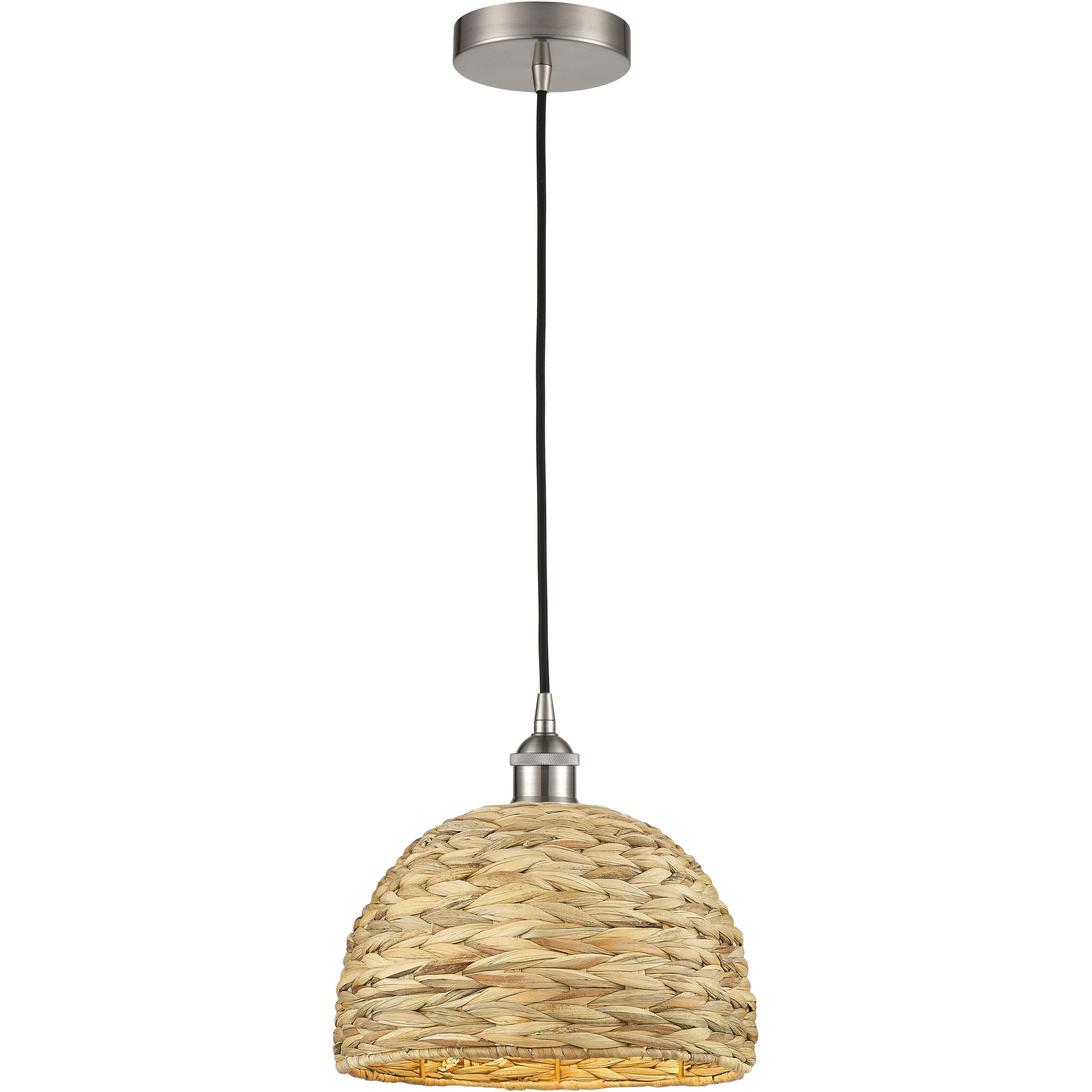 Edison Woven Rattan 1 Light 12 inch Brushed Satin Nickel Mini Pendant Ceiling Light