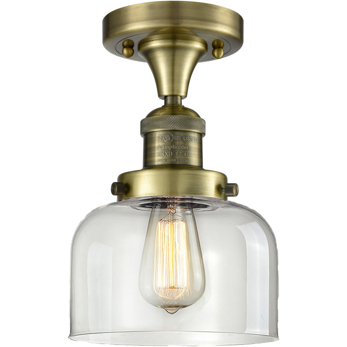 Franklin Restoration Large Bell 1 Light 8 inch Antique Brass Semi-Flush Mount Ceiling Light in Incandescent, Clear Glass, Franklin Restoration