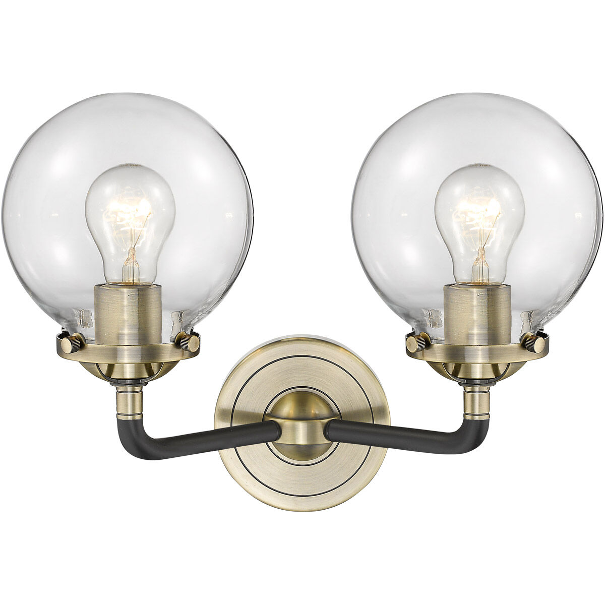 Nouveau Beacon 2 Light 14 inch Black Antique Brass Bath Vanity Light Wall Light in Clear Glass, Nouveau