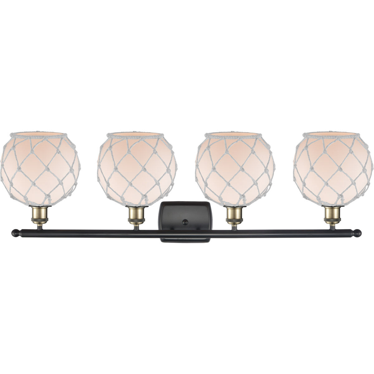 Ballston Farmhouse Rope 4 Light 36 inch Black Antique Brass Bath Vanity Light Wall Light in White Glass with White Rope, Ballston