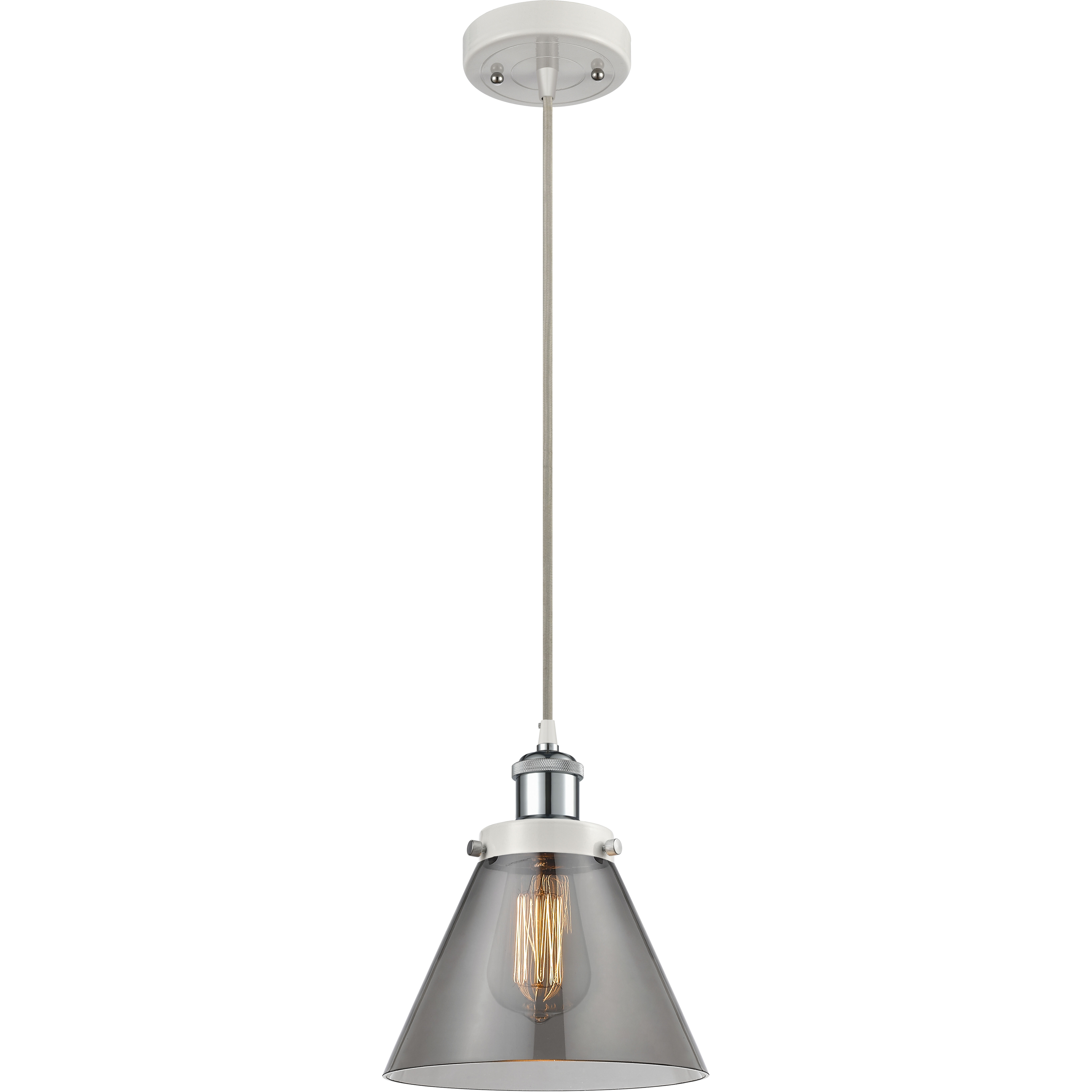 Ballston Large Cone LED 8 inch White and Polished Chrome Mini Pendant Ceiling Light in Plated Smoke Glass