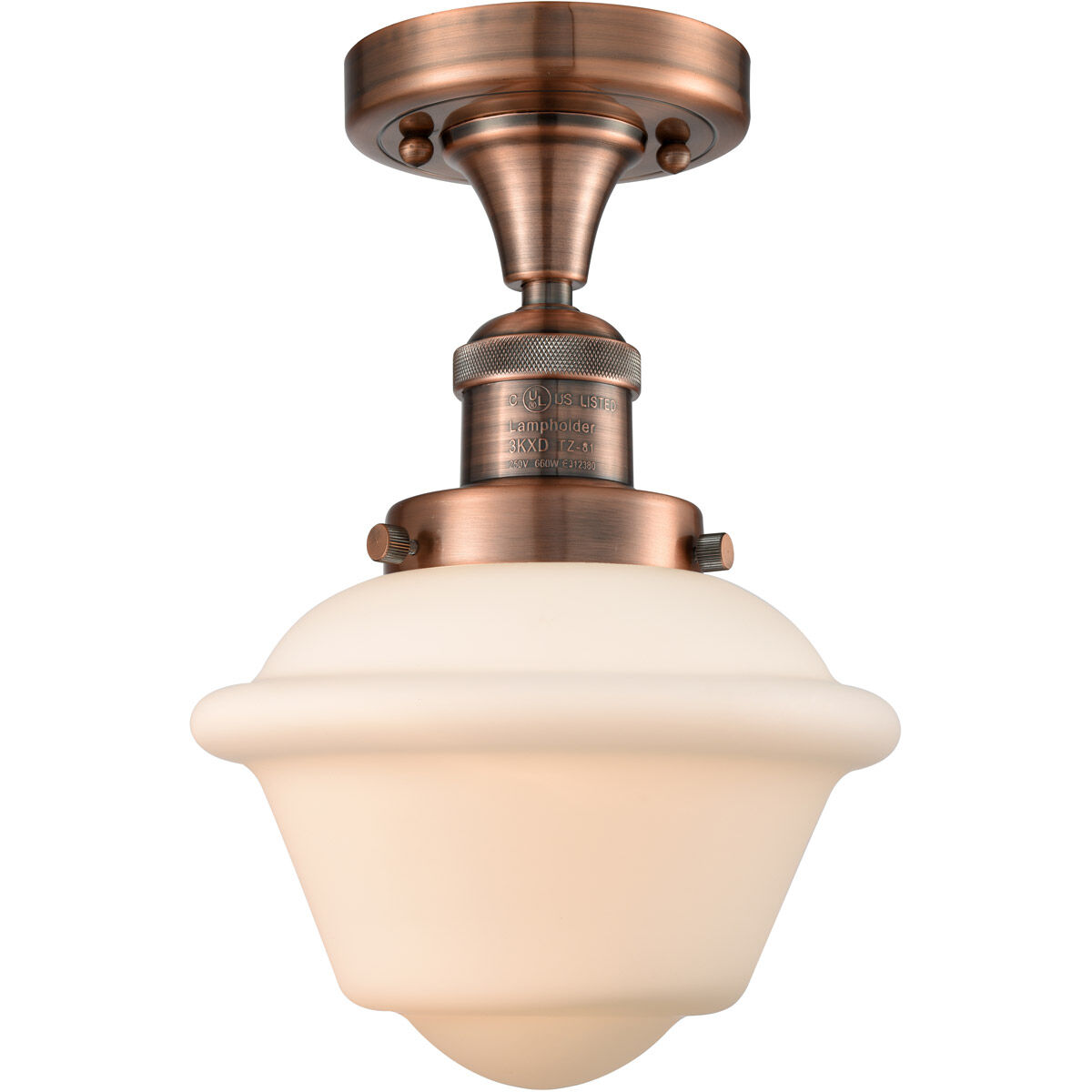 Franklin Restoration Small Oxford 1 Light 8 inch Antique Copper Semi-Flush Mount Ceiling Light in Matte White Glass, Franklin Restoration