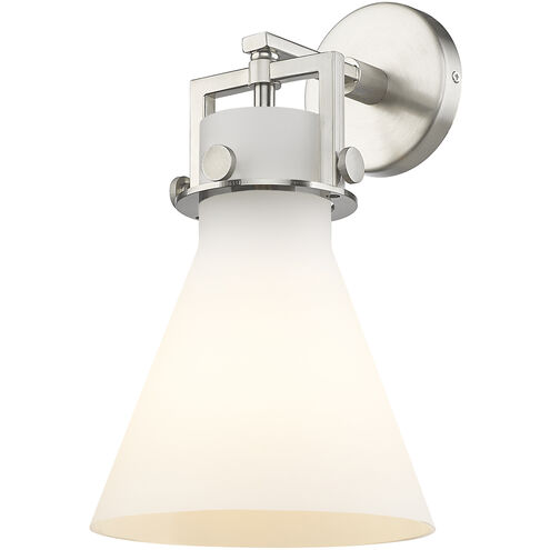 Newton Cone Sconce Wall Light in Satin Nickel, Matte White Glass