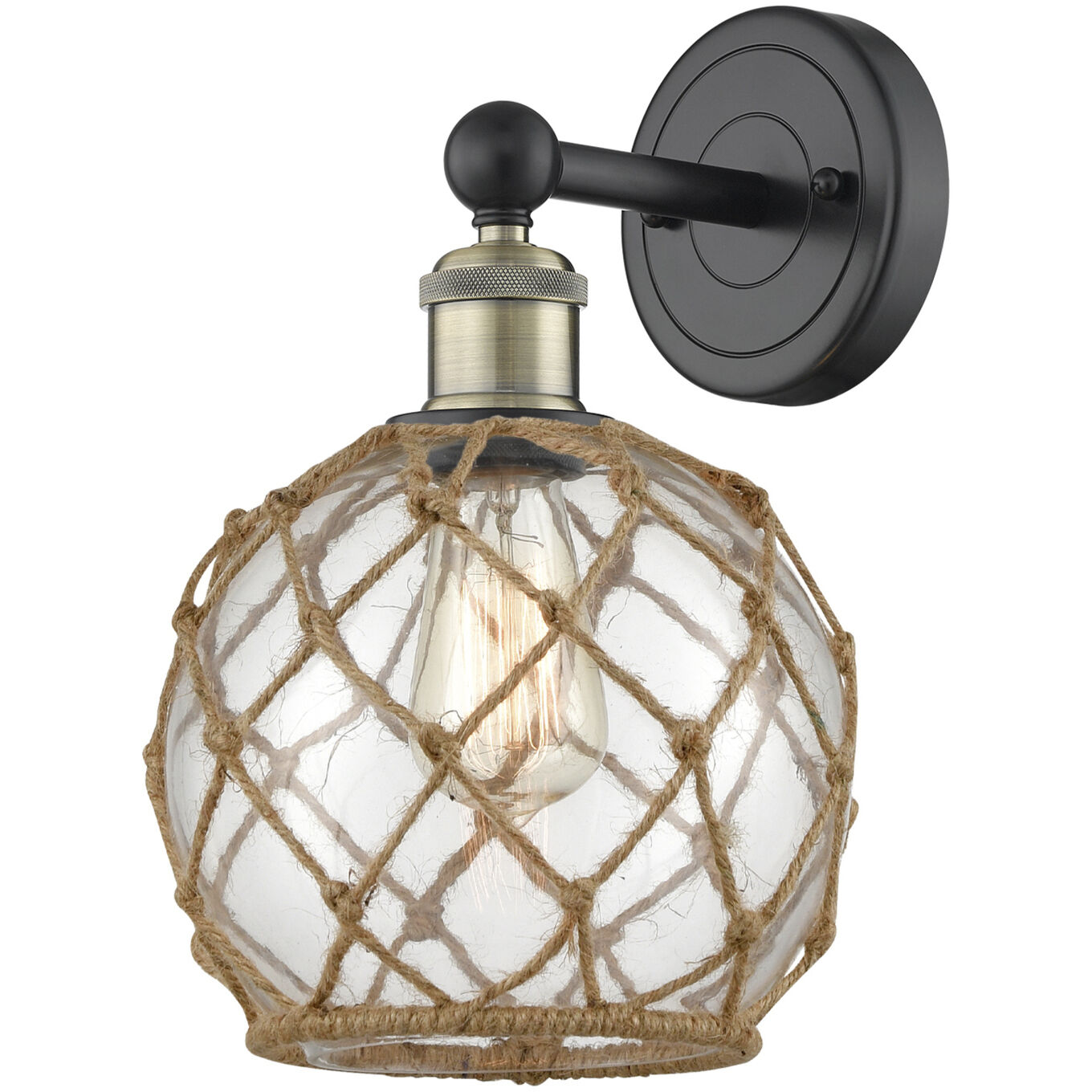 Edison Farmhouse Rope Armed Sconce Wall Light in Black Antique Brass, Clear Glass with Brown Rope