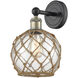 Edison Farmhouse Rope Armed Sconce Wall Light in Black Antique Brass, Clear Glass with Brown Rope