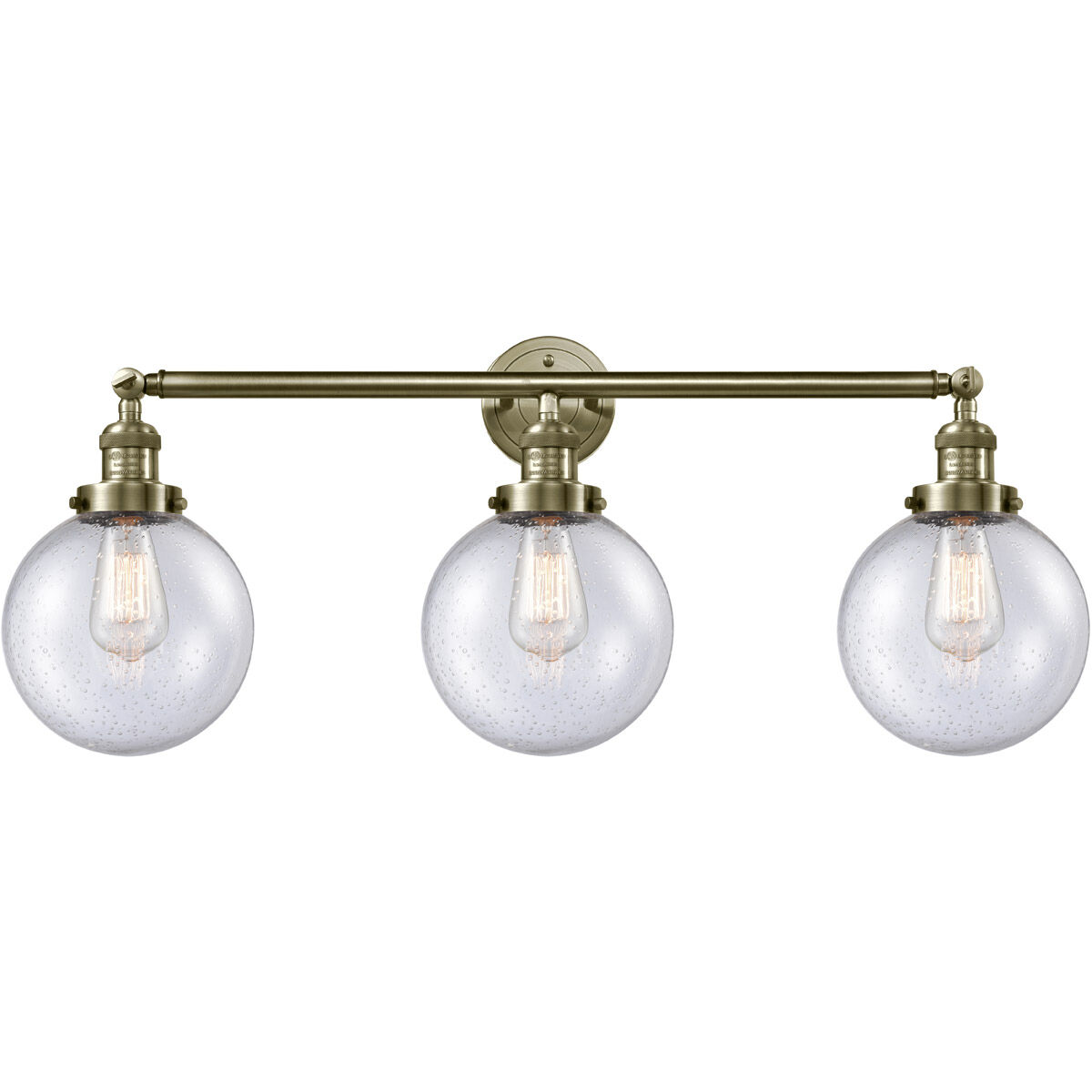 Franklin Restoration Large Beacon 3 Light 32 inch Antique Brass Bath Vanity Light Wall Light in Seedy Glass, Franklin Restoration