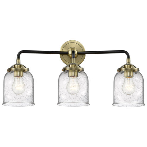 Nouveau Small Bell 3 Light 23 inch Black Antique Brass Bath Vanity Light Wall Light in Seedy Glass, Nouveau