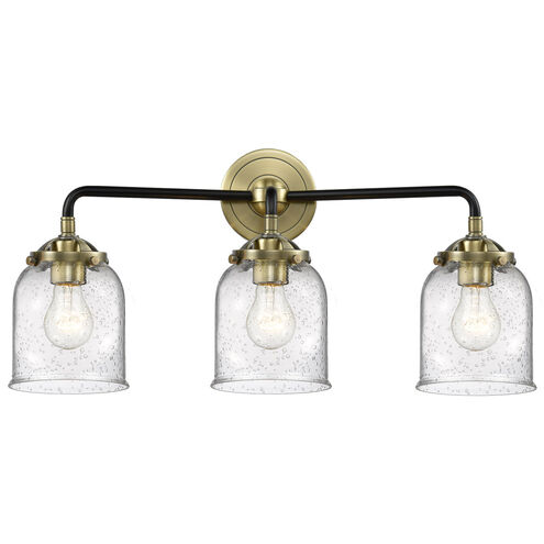Nouveau Small Bell 3 Light 23 inch Black Antique Brass Bath Vanity Light Wall Light in Seedy Glass, Nouveau