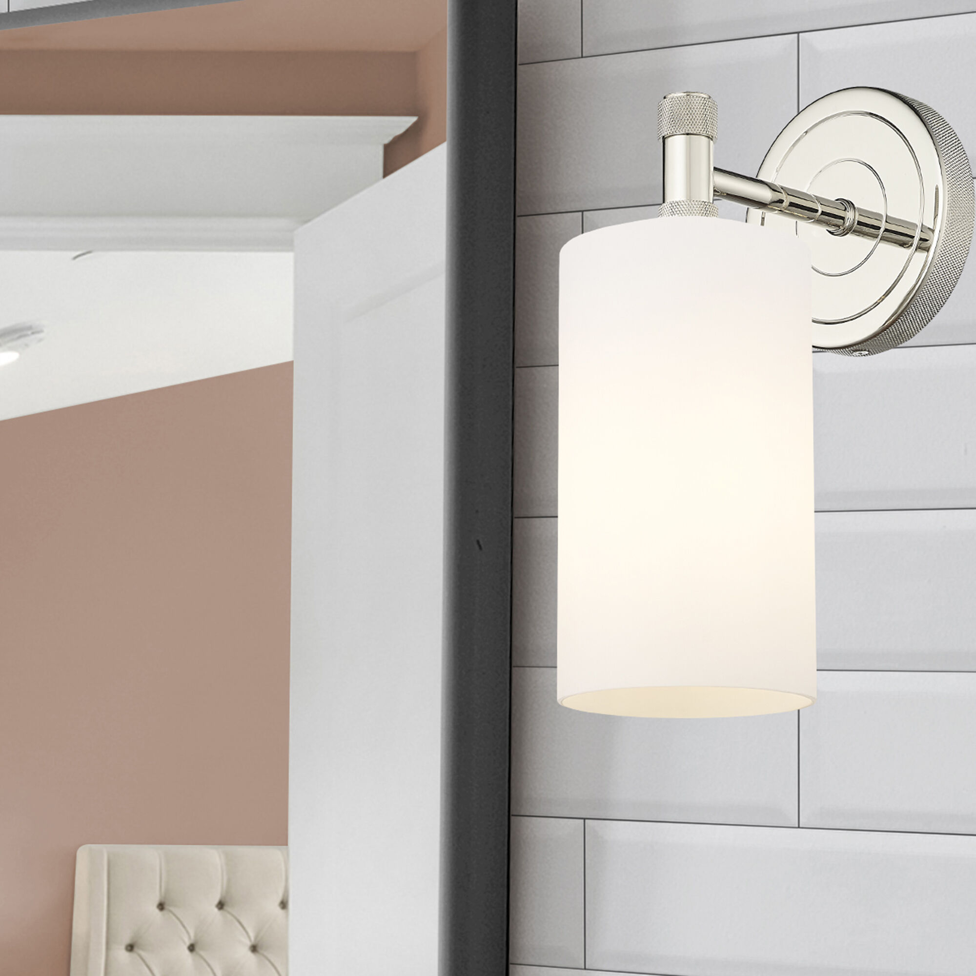 Crown Point Sconce Wall Light in Polished Nickel, Matte White Glass