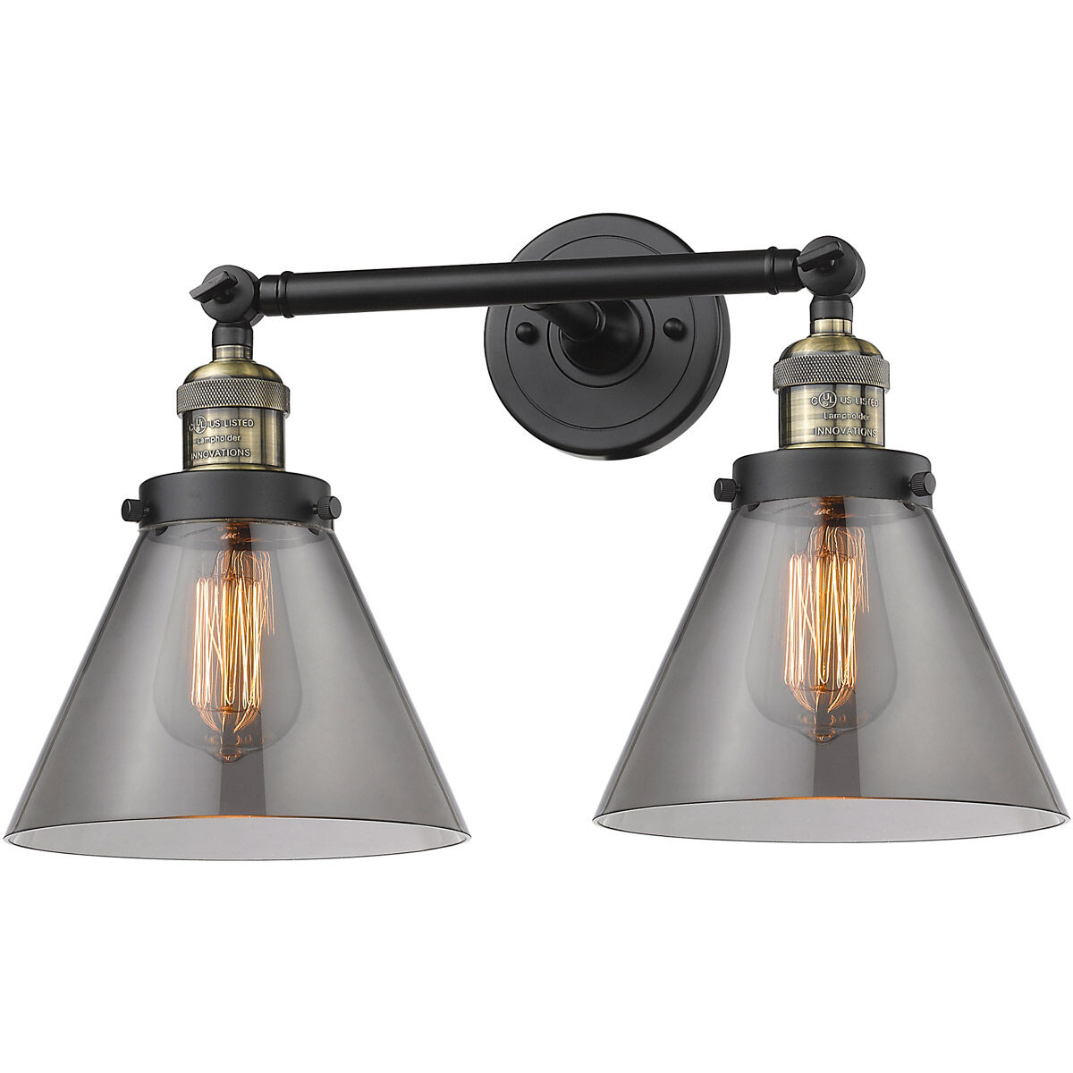 Franklin Restoration Large Cone LED 8 inch Black Antique Brass Bath Vanity Light Wall Light in Plated Smoke Glass, Franklin Restoration