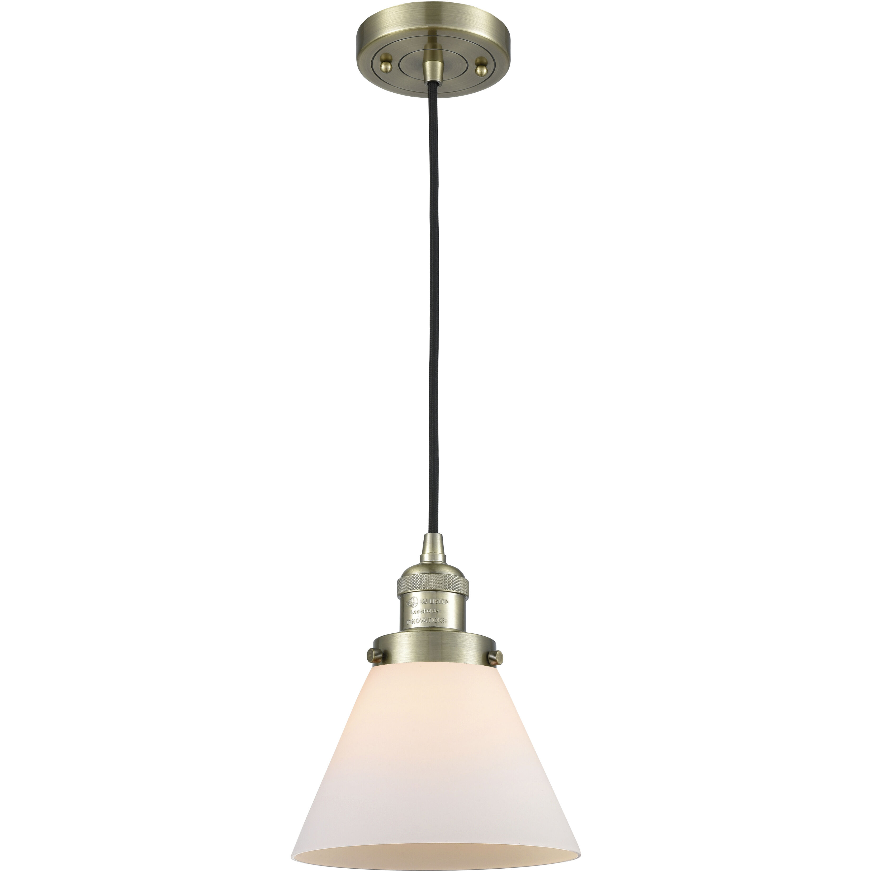 Franklin Restoration Cone 1 Light 8 inch Antique Brass Mini Pendant Ceiling Light in Incandescent, Matte White, Franklin Restoration