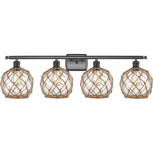 Ballston Farmhouse Rope 4 Light 36 inch Matte Black Bath Vanity Light Wall Light in Clear Glass with Brown Rope, Ballston
